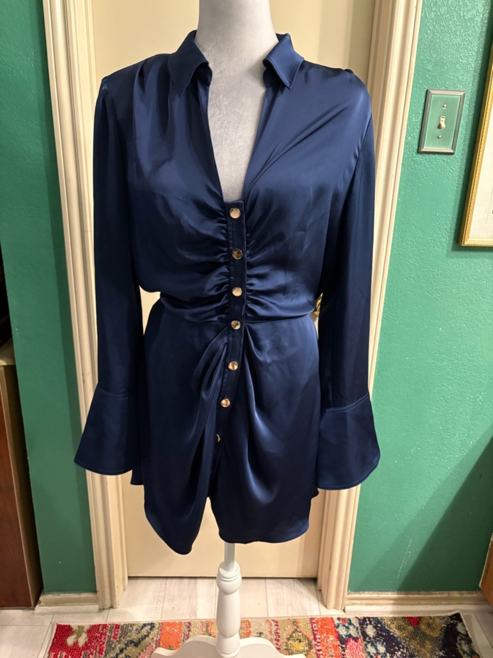 Ramy Brook NY Katelyn Navy Satin Ruched Button Mini Dress with Gold Buttons - Picture 5 of 16